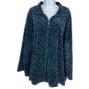 Catherines Blue Black Velvet Full Front Zip Zebra Mock Neck Jacket Women's Sz 2X